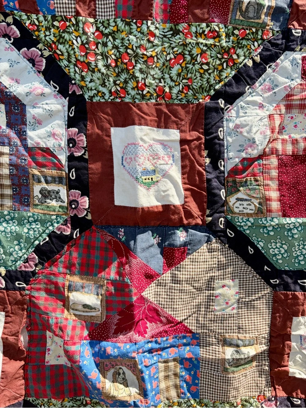 Vintage Snowball Block House Quilt 80x80 Handmade Cutter Quilt with Cross Stitch